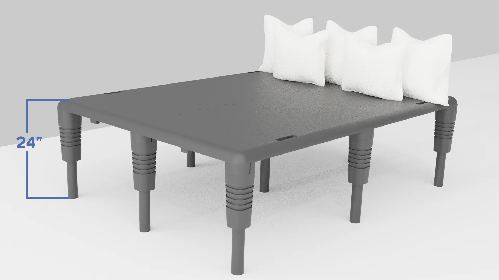 StageForm in a staging setup with stilts installed, designed to create a clean photo-ready bed silhouette.