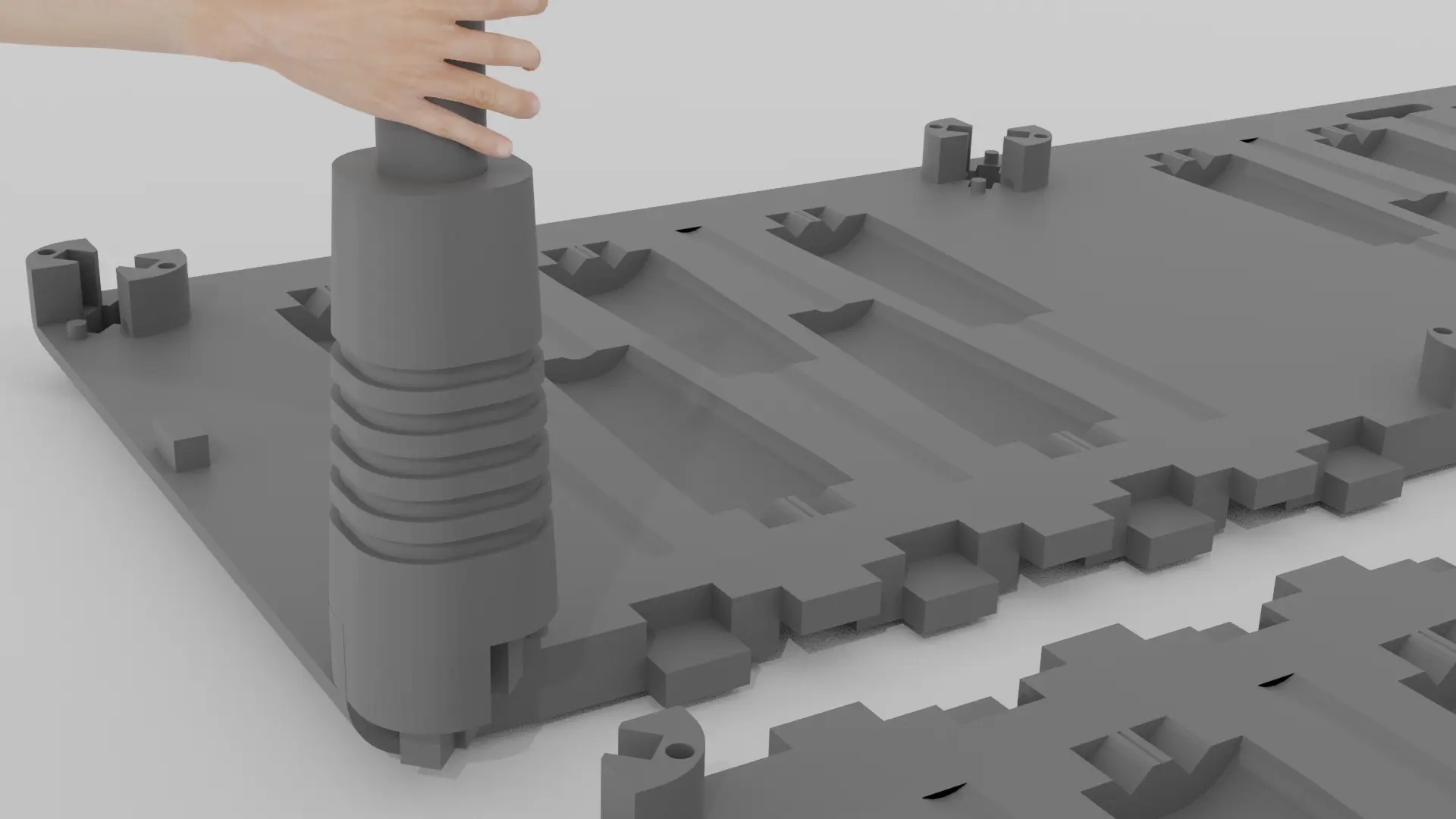 Close-up of a hand sliding a StageForm leg into a reinforced socket for tool-free setup.