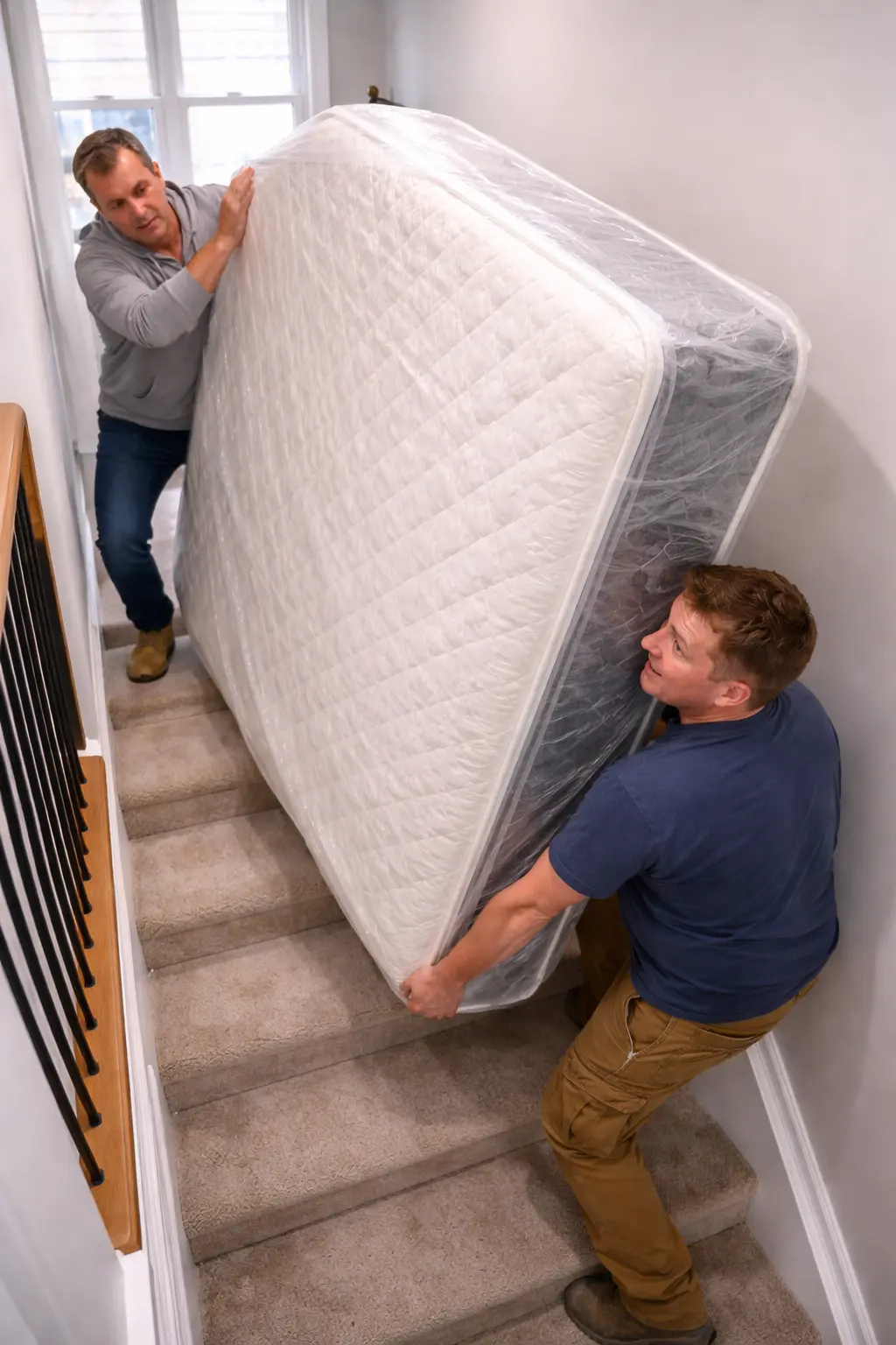 Two movers struggling to carry a large mattress up a staircase in a home.