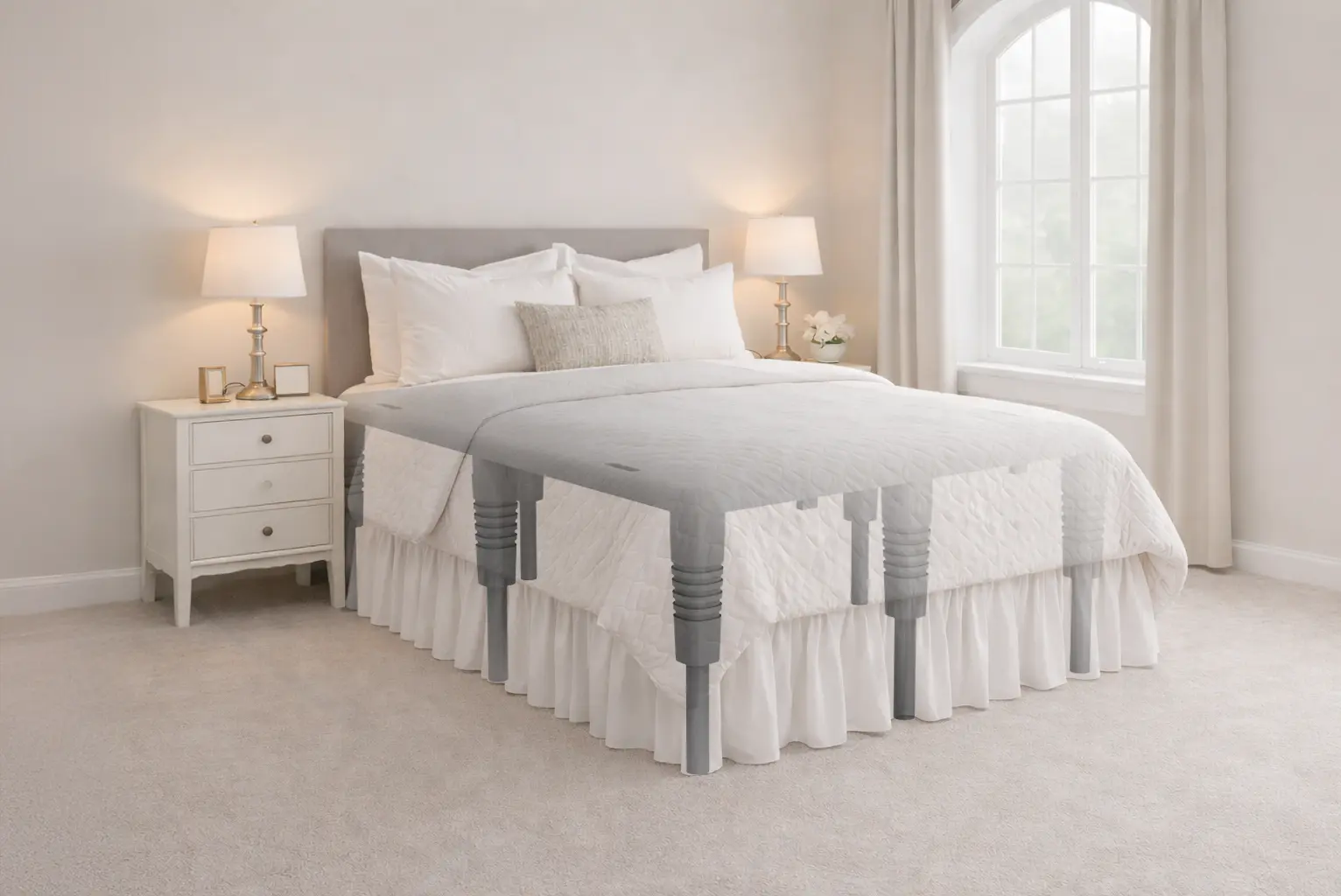 Finished staged bed look under bedding.