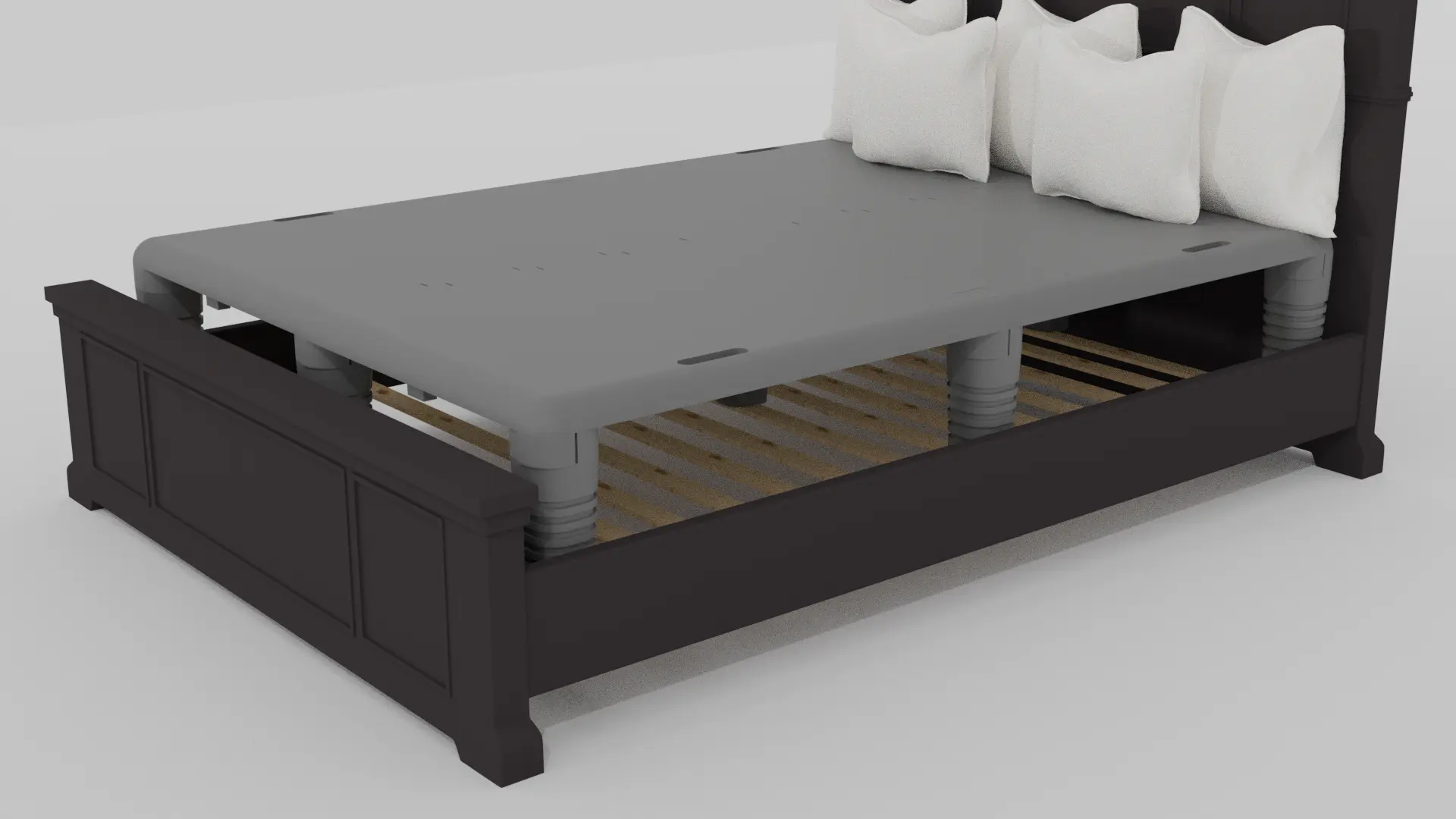 StageForm nested inside a real bed frame on top of slats to create a faux mattress height and silhouette.