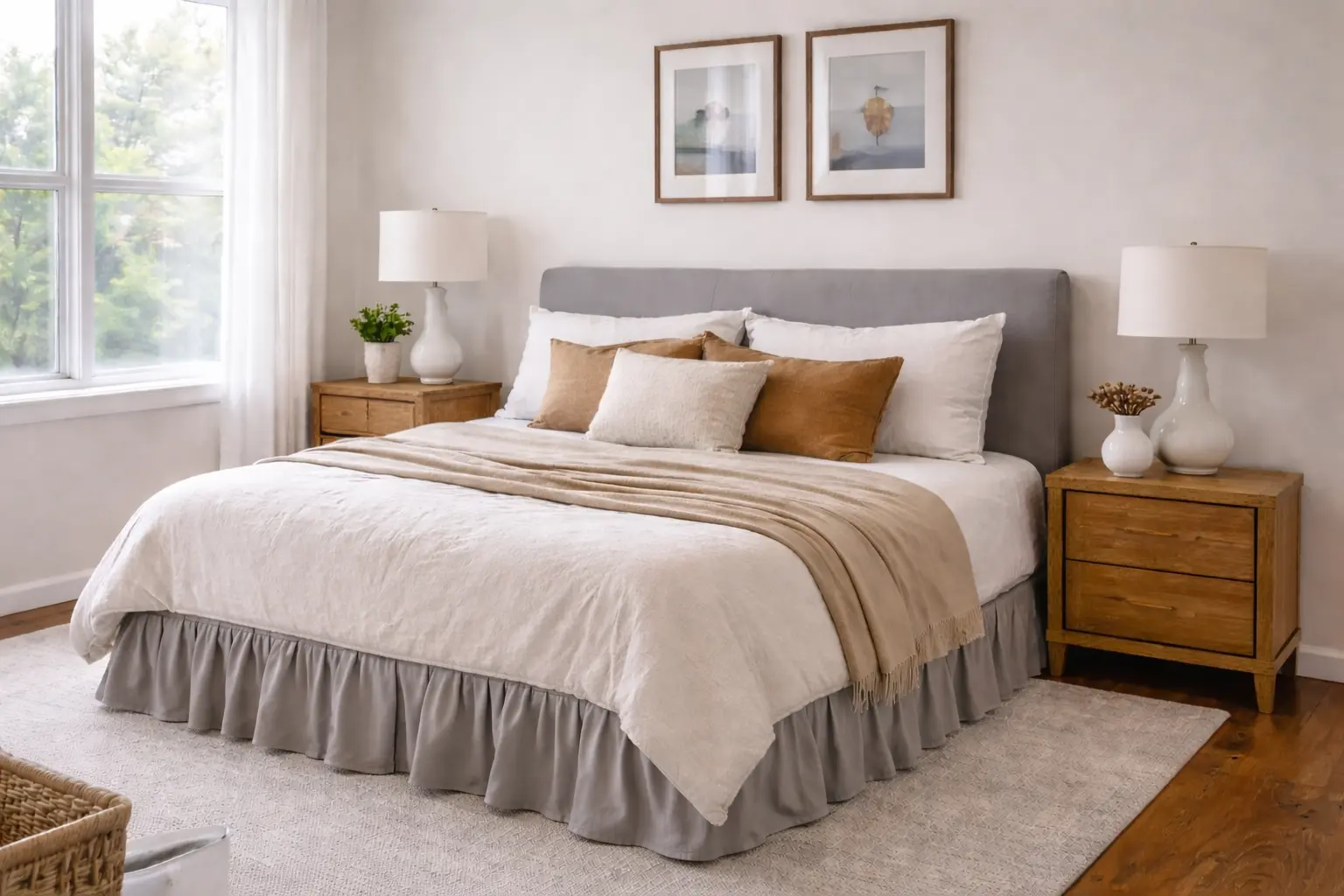 Staged bedroom illustrating the finished look after adding bedding to a StageForm bed frame.
