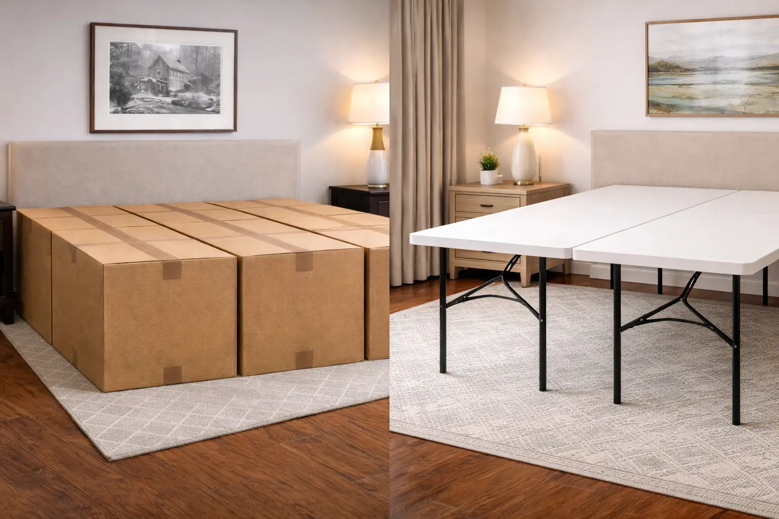 A staged bedroom using makeshift bed substitutes like boxes or folding tables, creating visible seams and an unprofessional look.