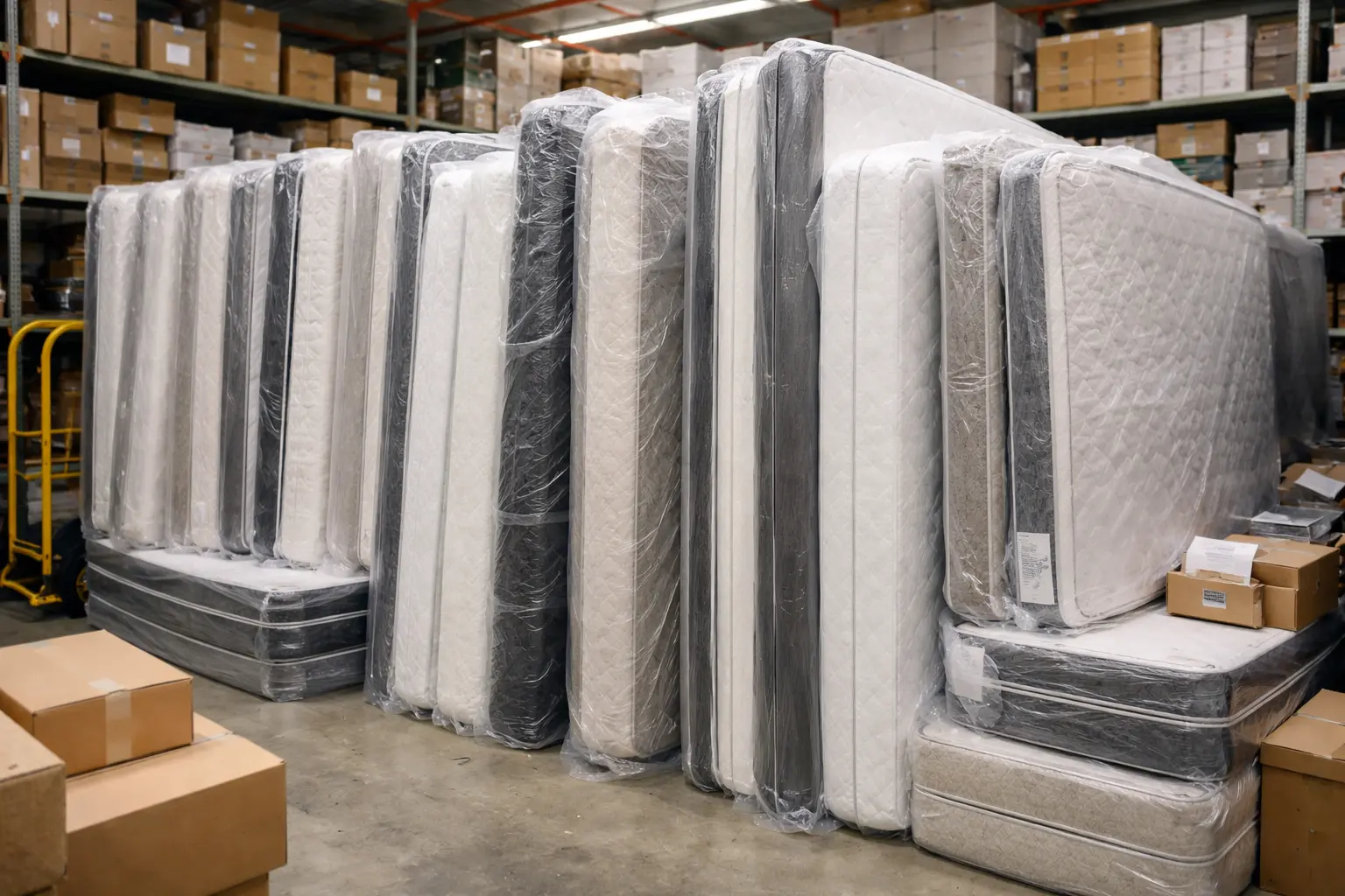 Warehouse storage area packed with stacked mattresses taking up valuable floor space and storage.