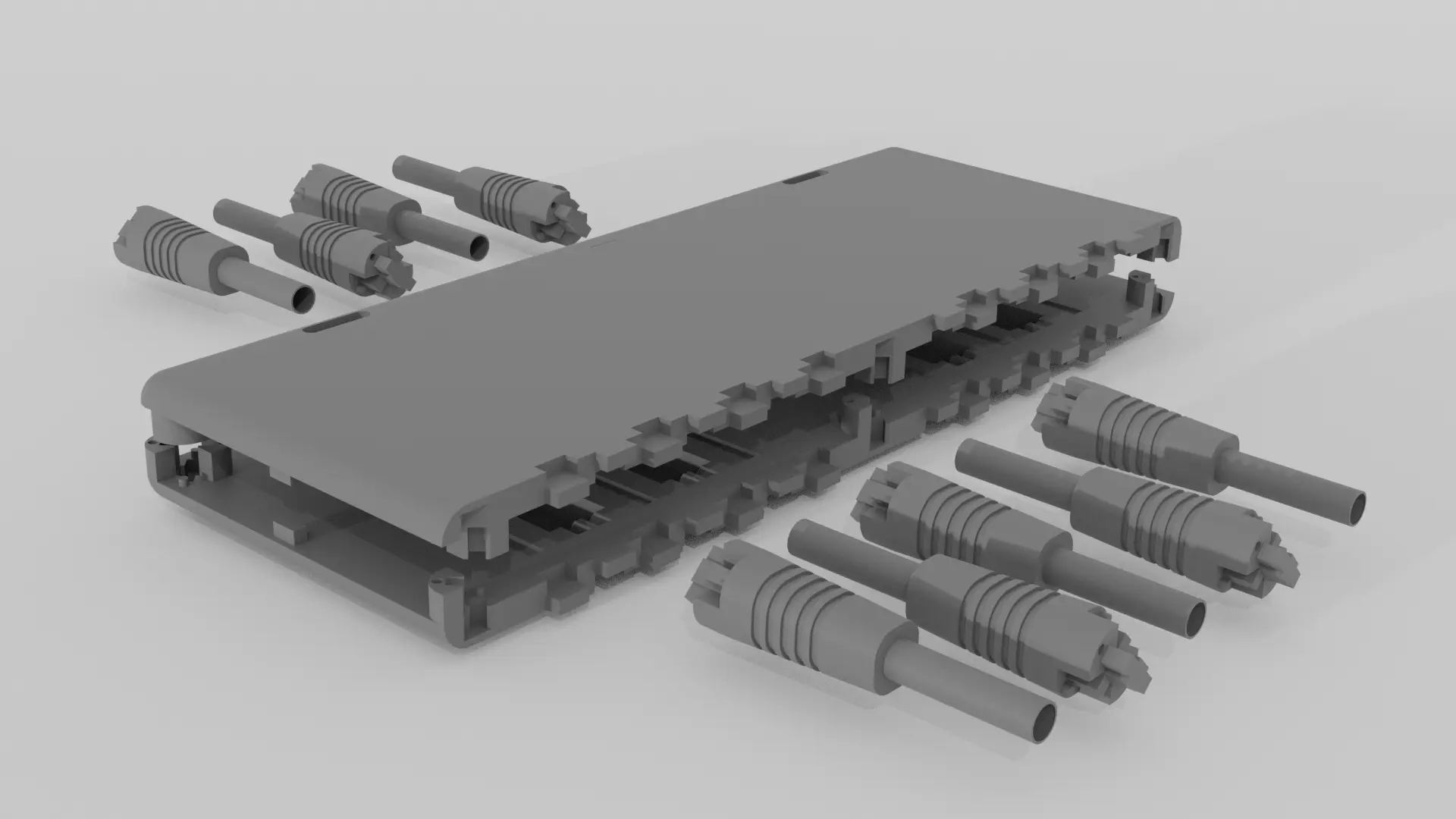 Studio render of stacked StageForm panels with nestable legs arranged beside them.